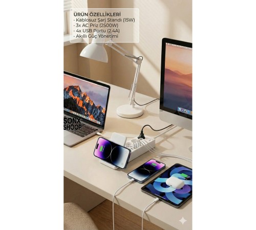 4'lü Akım Korumalı Priz ve Masaüstü Şarj İstasyonu 15W Kablosuz Şarj Standı Type-C Hızlı Şarj Çıkışı