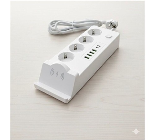 4'lü Akım Korumalı Priz ve Masaüstü Şarj İstasyonu 15W Kablosuz Şarj Standı Type-C Hızlı Şarj Çıkışı