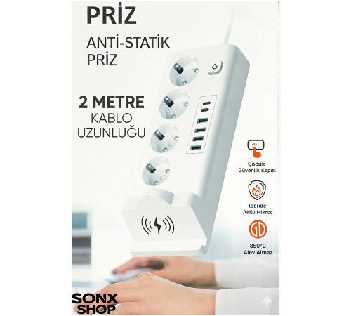 4'lü Akım Korumalı Priz ve Masaüstü Şarj İstasyonu 15W Kablosuz Şarj Standı Type-C Hızlı Şarj Çıkışı