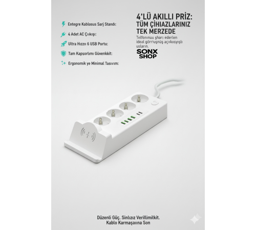 4'lü Akım Korumalı Priz ve Masaüstü Şarj İstasyonu 15W Kablosuz Şarj Standı Type-C Hızlı Şarj Çıkışı
