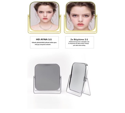 Gümüş Renk Ayarlanabilir KARE Metal Ayaklı Masa Üstü Makyaj Aynası –360° Döner,Şık Dekoratif Tasarım