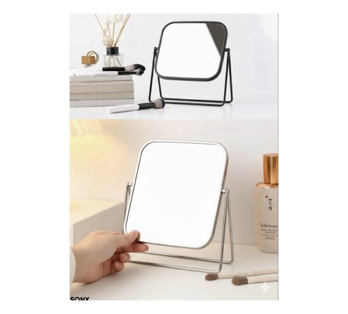 Gümüş Renk Ayarlanabilir KARE Metal Ayaklı Masa Üstü Makyaj Aynası –360° Döner,Şık Dekoratif Tasarım