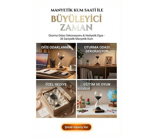 Manyetik Kum Saati Mıknatıslı Ahşap Standlı Dekoratif Masaüstü Hediyelik Süs Eşyası (14 cm)