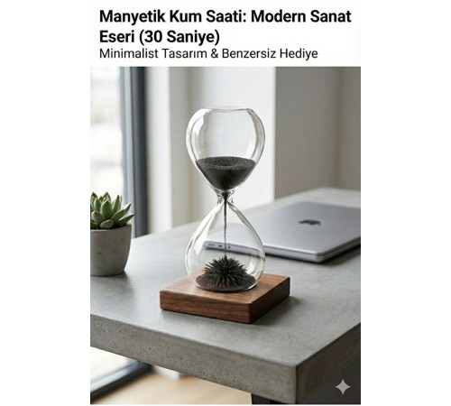 Manyetik Kum Saati Mıknatıslı Ahşap Standlı Dekoratif Masaüstü Hediyelik Süs Eşyası (14 cm)