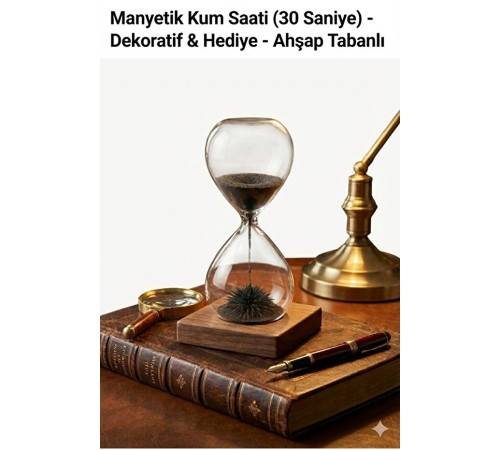 Manyetik Kum Saati Mıknatıslı Ahşap Standlı Dekoratif Masaüstü Hediyelik Süs Eşyası (14 cm)