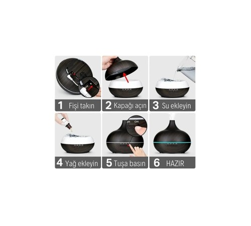 Aroma Difüzörü Gece Işığı 7 Led Hava Nemlendirici Kumandalı Buhar Makinesi 500 ml (koyu kahverengi)