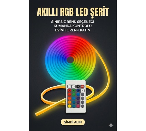 3 Metre Akıllı RGB LED Şerit Işık - Kumandalı, Esnek Neon Görünümlü Dekoratif Aydınlatma