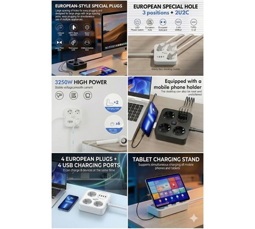 AKIM KORUMALI Avrupa Soket Kartı Tip-C Usb 2 m Uzatma Kablosu Emniyet Anahtarı ile