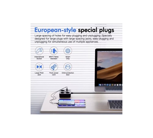 AKIM KORUMALI Avrupa Soket Kartı Tip-C Usb 2 m Uzatma Kablosu Emniyet Anahtarı ile