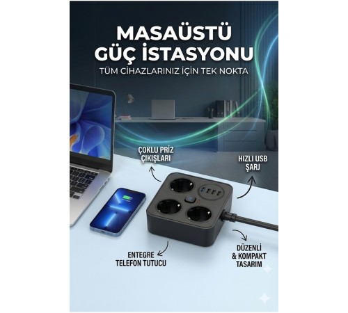 AKIM KORUMALI Avrupa Soket Kartı Tip-C Usb 2 m Uzatma Kablosu Emniyet Anahtarı ile