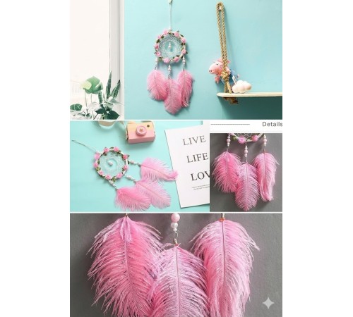 Işıklı Pembe Gül Detaylı El Yapımı Rüya Kapanı - Romantik Duvar Süsü & Hediyelik Düş Kapanı