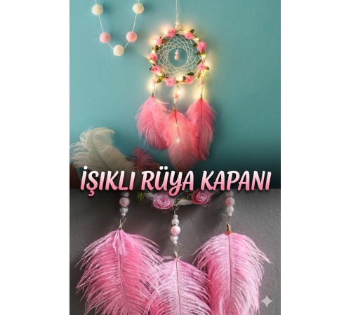 Işıklı Pembe Gül Detaylı El Yapımı Rüya Kapanı - Romantik Duvar Süsü & Hediyelik Düş Kapanı