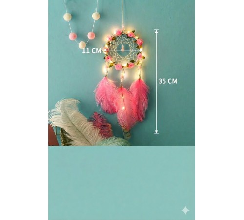 Işıklı Pembe Gül Detaylı El Yapımı Rüya Kapanı - Romantik Duvar Süsü & Hediyelik Düş Kapanı