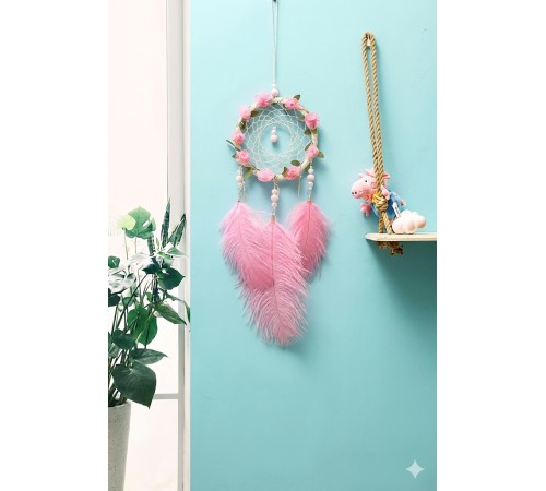 Işıklı Pembe Gül Detaylı El Yapımı Rüya Kapanı - Romantik Duvar Süsü & Hediyelik Düş Kapanı