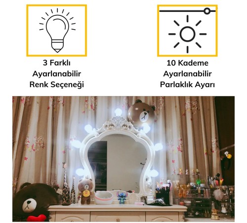 Nostalji Hollywood Tarzı 10lu Makyaj Masası Aynası Beyaz Led Işıklı Lamba USB
