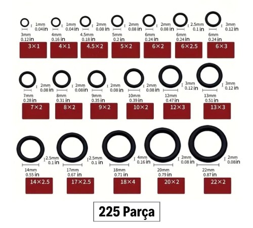 225 Parça Kauçuk Conta Seti ,Kendiliğinden Saklama Kutulu O Halkası Seti