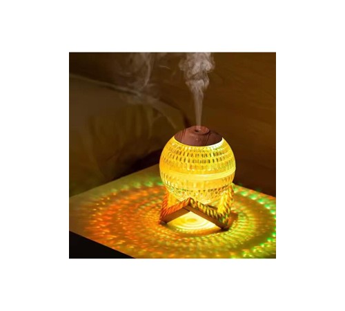 Renkli Kristal Küre Tasarımlı LED Işıklı Hava Nemlendirici – Sessiz Çalışma ve Ahşap Desenli Kapak