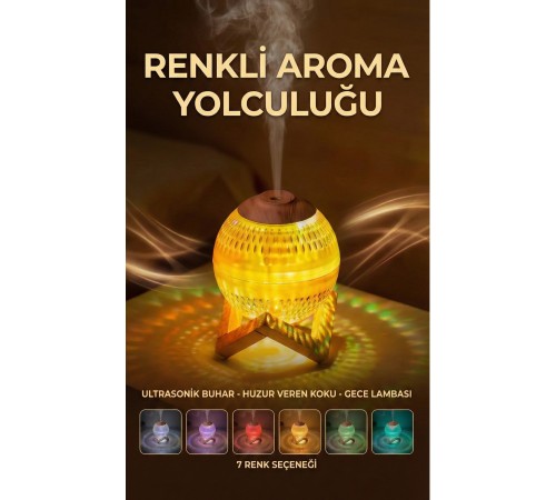 Renkli Kristal Küre Tasarımlı LED Işıklı Hava Nemlendirici – Sessiz Çalışma ve Ahşap Desenli Kapak