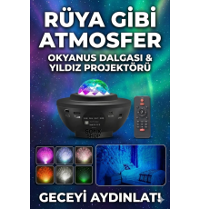 Galaksi Yıldız Projektörü ve Bluetooth Hoparlör  10 Renk Modlu Okyanus Dalgalı Gece & Disko  Lambası