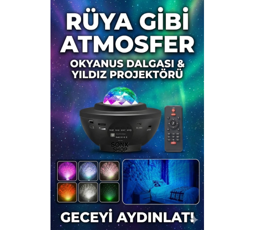 Galaksi Yıldız Projektörü ve Bluetooth Hoparlör  10 Renk Modlu Okyanus Dalgalı Gece & Disko  Lambası