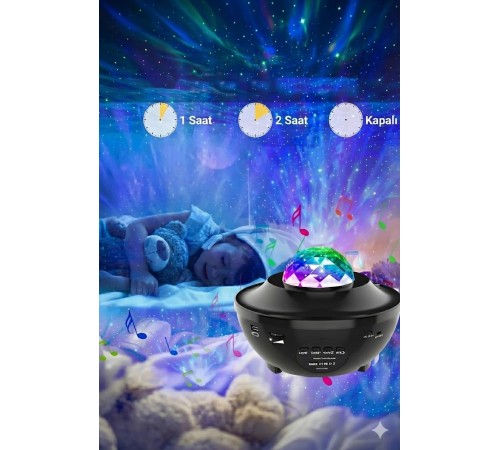 Galaksi Yıldız Projektörü ve Bluetooth Hoparlör  10 Renk Modlu Okyanus Dalgalı Gece & Disko  Lambası