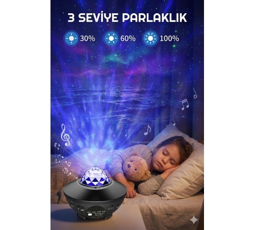 Galaksi Yıldız Projektörü ve Bluetooth Hoparlör  10 Renk Modlu Okyanus Dalgalı Gece & Disko  Lambası