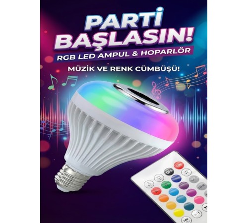 Bluetooth RGB LED Hoparlörlü Akıllı Ampul - Renkli Müzikli Lamba ve Kumanda