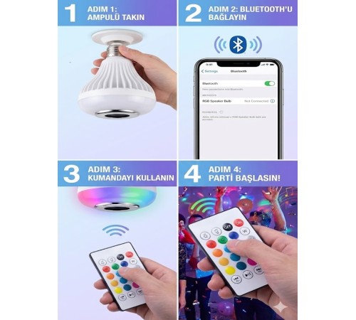 Bluetooth RGB LED Hoparlörlü Akıllı Ampul - Renkli Müzikli Lamba ve Kumanda