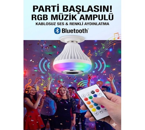 Bluetooth RGB LED Hoparlörlü Akıllı Ampul - Renkli Müzikli Lamba ve Kumanda