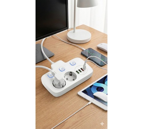 Akım Korumalı 2500W Güçlü 3 USB + Type-C Portlu Çoklu Priz | Hızlı Şarj, Çocuk Kilidi, 2 METRE