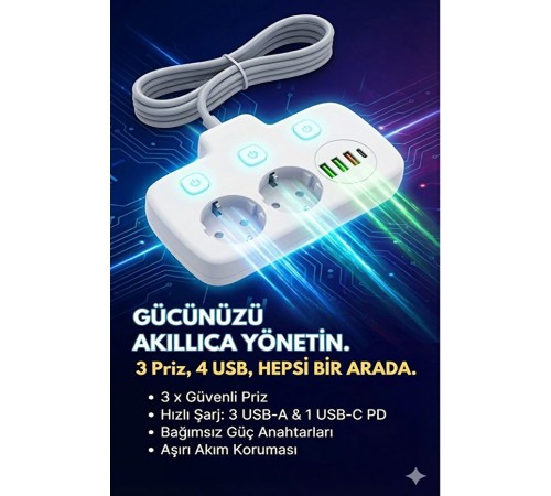 Akım Korumalı 2500W Güçlü 3 USB + Type-C Portlu Çoklu Priz | Hızlı Şarj, Çocuk Kilidi, 2 METRE
