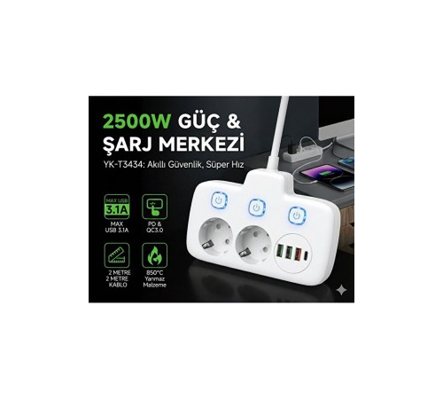 Akım Korumalı 2500W Güçlü 3 USB + Type-C Portlu Çoklu Priz | Hızlı Şarj, Çocuk Kilidi, 2 METRE