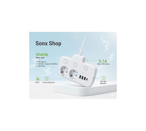 Akım Korumalı 2500W Güçlü 3 USB + Type-C Portlu Çoklu Priz | Hızlı Şarj, Çocuk Kilidi, 2 METRE