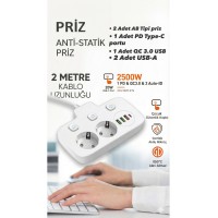 Akım Korumalı 2500W Güçlü 3 USB + Type-C Portlu Çoklu Priz | Hızlı Şarj, Çocuk Kilidi, 2 METRE