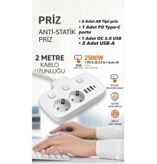Akım Korumalı 2500W Güçlü 3 USB + Type-C Portlu Çoklu Priz | Hızlı Şarj, Çocuk Kilidi, 2 METRE