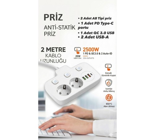 Akım Korumalı 2500W Güçlü 3 USB + Type-C Portlu Çoklu Priz | Hızlı Şarj, Çocuk Kilidi, 2 METRE