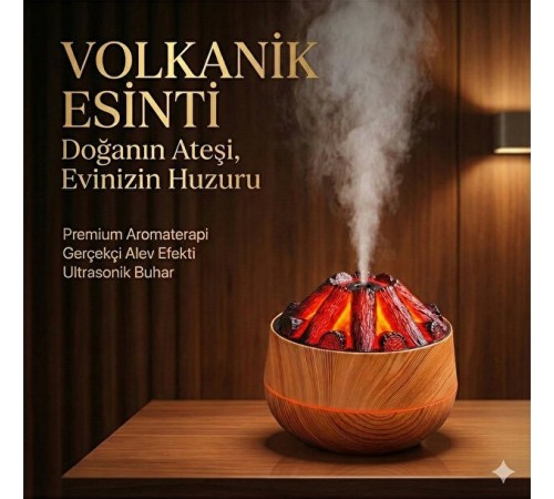 Dekoratif Yanardağ Tasarımlı LED Işıklı Ahşap Görünümlü Hava Nemlendirici & Aroma Difüzörü