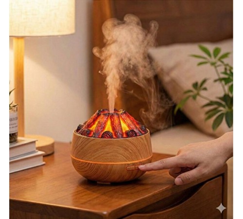 Dekoratif Yanardağ Tasarımlı LED Işıklı Ahşap Görünümlü Hava Nemlendirici & Aroma Difüzörü