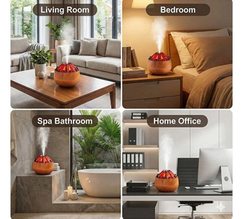 Dekoratif Yanardağ Tasarımlı LED Işıklı Ahşap Görünümlü Hava Nemlendirici & Aroma Difüzörü