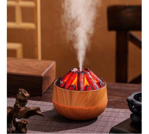 Dekoratif Yanardağ Tasarımlı LED Işıklı Ahşap Görünümlü Hava Nemlendirici & Aroma Difüzörü