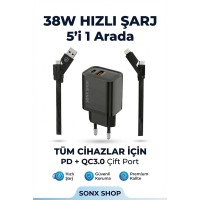 4 in 1 Hızlı Şarj Seti | 38W Çift Portlu Adaptör & Çok Başlıklı Örgü Kablo (Lightning/Type-C/USB)