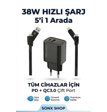 4 in 1 Hızlı Şarj Seti | 38W Çift Portlu Adaptör & Çok Başlıklı Örgü Kablo (Lightning/Type-C/USB)