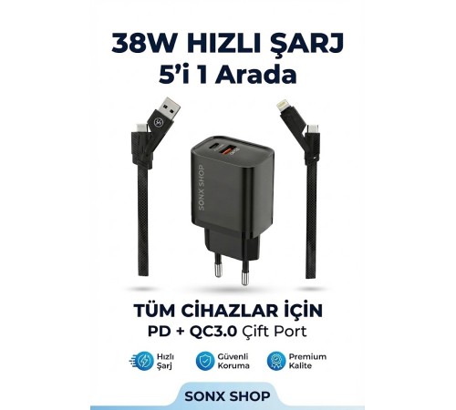 4 in 1 Hızlı Şarj Seti | 38W Çift Portlu Adaptör & Çok Başlıklı Örgü Kablo (Lightning/Type-C/USB)