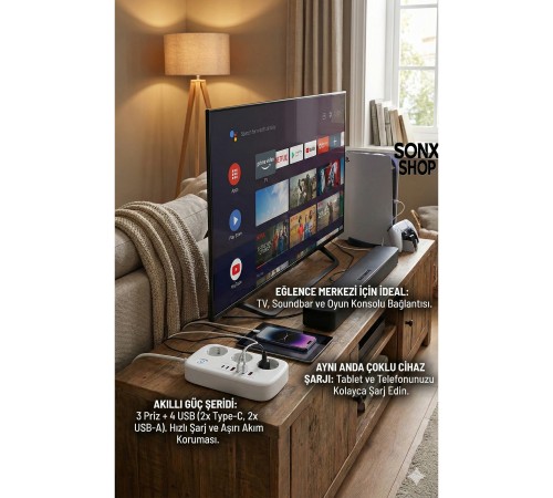 2500W Çoklu Priz 2 METRE – 3’lü AC Priz +5 USB Çıkışı AKIM KORUMALI Alev Almayan Gövde