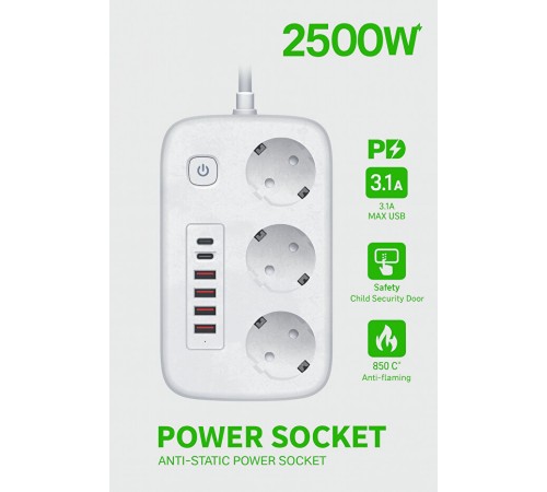2500W Çoklu Priz 2 METRE – 3’lü AC Priz +5 USB Çıkışı AKIM KORUMALI Alev Almayan Gövde