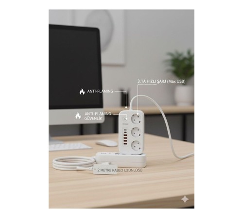 2500W Çoklu Priz 2 METRE – 3’lü AC Priz +5 USB Çıkışı AKIM KORUMALI Alev Almayan Gövde