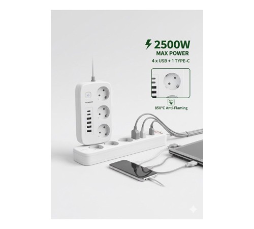 2500W Çoklu Priz 2 METRE – 3’lü AC Priz +5 USB Çıkışı AKIM KORUMALI Alev Almayan Gövde