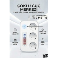 2500W Çoklu Priz 2 METRE – 3’lü AC Priz +5 USB Çıkışı AKIM KORUMALI Alev Almayan Gövde,