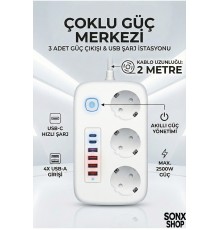2500W Çoklu Priz 2 METRE – 3’lü AC Priz +5 USB Çıkışı AKIM KORUMALI Alev Almayan Gövde,