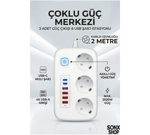 2500W Çoklu Priz 2 METRE – 3’lü AC Priz +5 USB Çıkışı AKIM KORUMALI Alev Almayan Gövde